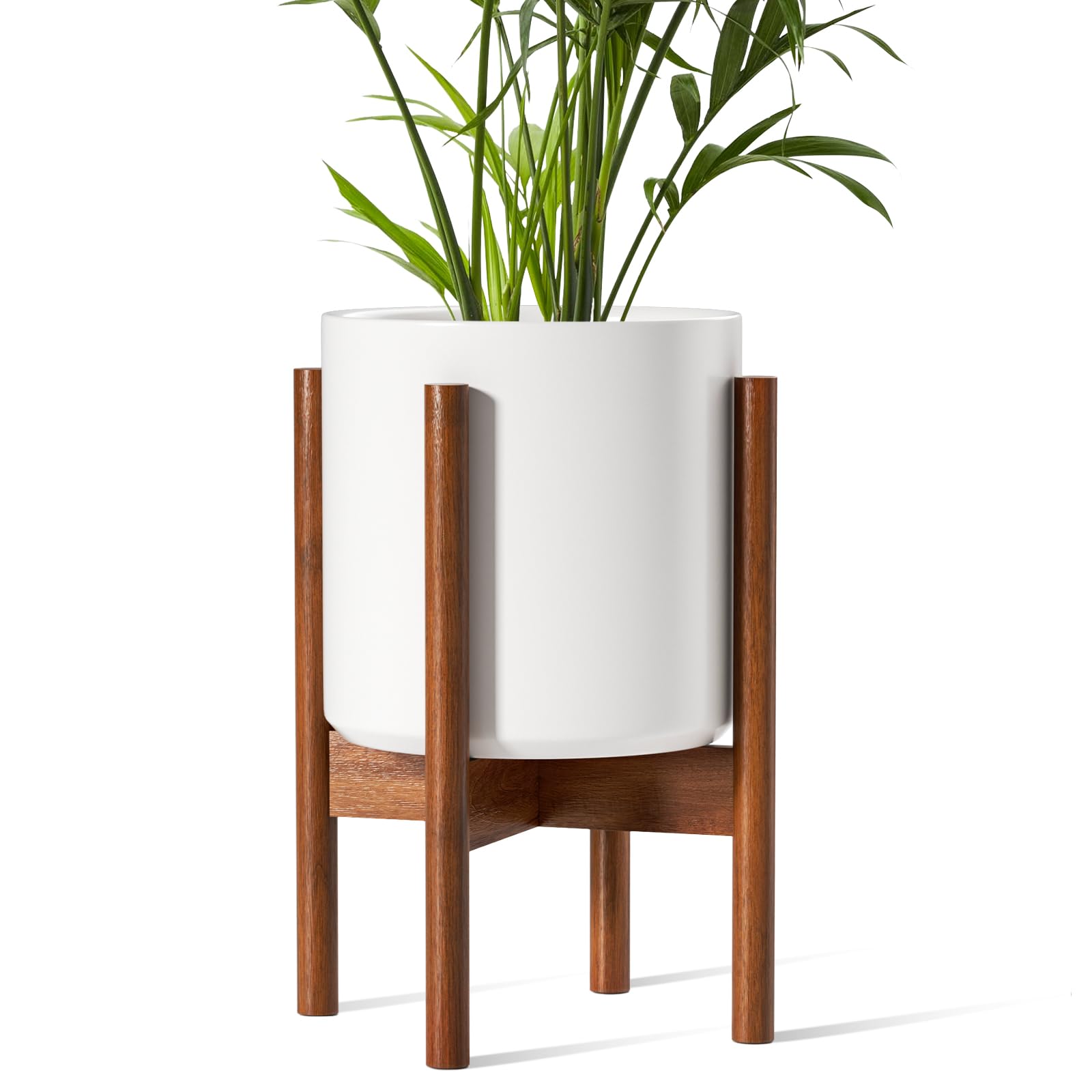 LE TAUCI 10 Inch Planter with Acacia Wood Stand, Ceramic Planter